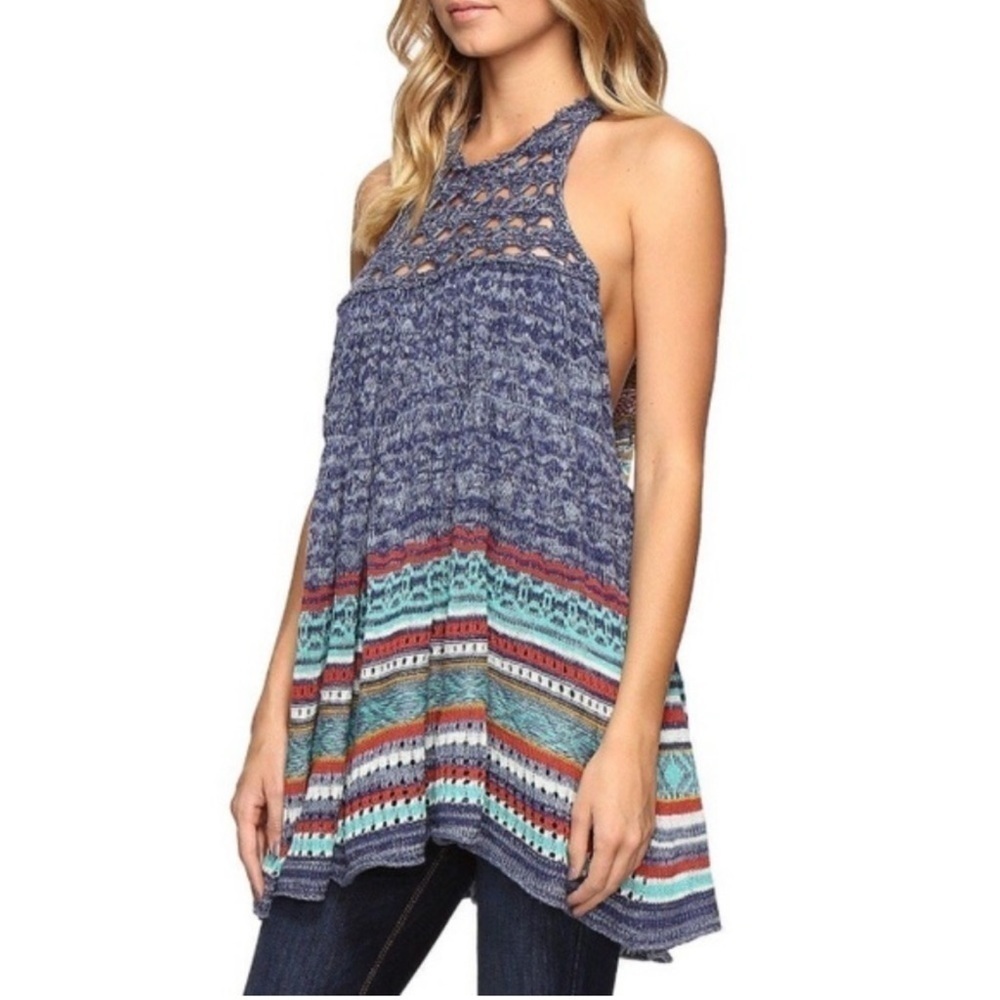Free People Blue Rare Hearts Multicolor Sweater Tunic Top Flowy Boho Size XS